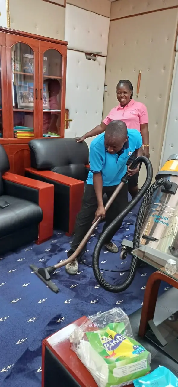 Professional commercial cleaning team at work